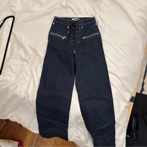 Tiger Mist Dark Blue Hight Waist Jeans with Lace Up & Zipper Details